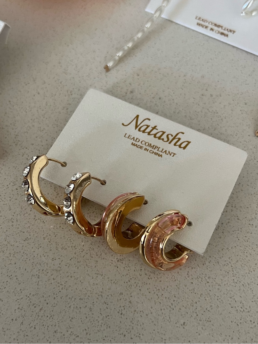 Natasha Couture Gold and Pink Marbled Huggie Earring Set with Crystal Accent